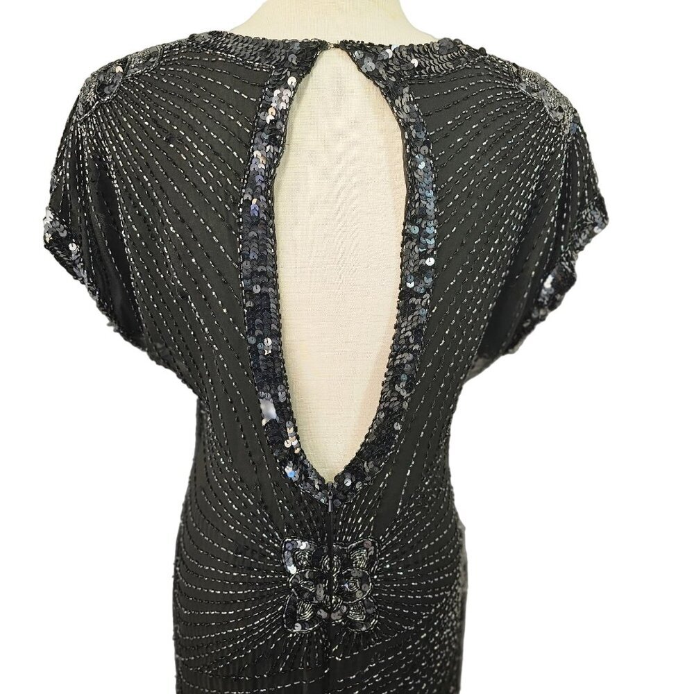 Vintage Oleg Cassini Black Silk Beaded Open Back Sheath Evening Dress 80s 90s